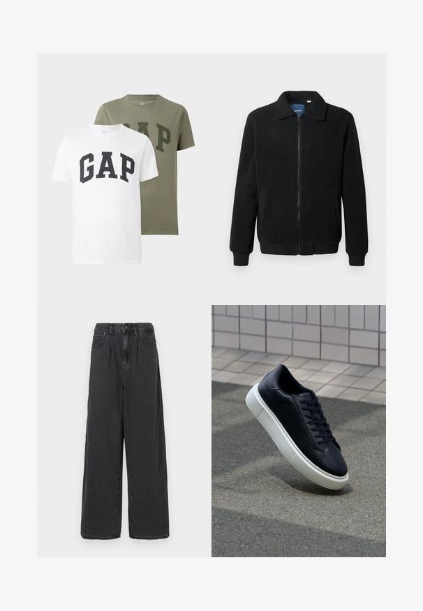 Casaco de polar preto com fecho de correr, gola alta, punhos canelados e bolsos laterais com uma superfície texturizada.; Duas t-shirts de manga curta, uma branca e outra verde oliva, cada uma com "GAP" impressa em letras grandes no peito.; Calças de ganga pretas de perna larga e cintura alta, com fecho frontal de botão e zipper, apresentando bolsos laterais e uma textura suave.; Sapatilha de couro preto com bico arredondado e sola de borracha branca. Apresenta atacadores planos e costuras mínimas na parte superior. Sola texturizada para melhor aderência.