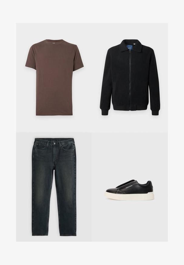 Musternahk fleece-jakk musternahaga, tõmblukk, seisev kaelus, soonikkoes varrukad ja küljetaskud tekstuurse pinnaga.; Pruun puuvillane t-särk ümmarguse kaelusega, lühikeste varrukatega ja sileda tekstuuriga. Pole nähtavaid mustreid ega aksessuaare. Standardne sobivuse disain.; Tumed sinised denim teksad sirgete sääremõõtudega, viie tasku, lukuga ja kontrastsetes õmblustes. Kanga peal on õrn kulumine.; Must musta kingad tekstureeritud nahast pealmise osaga, valge kummist tallaga ja nähtamatute paeltega. Küljel on brändi logo.