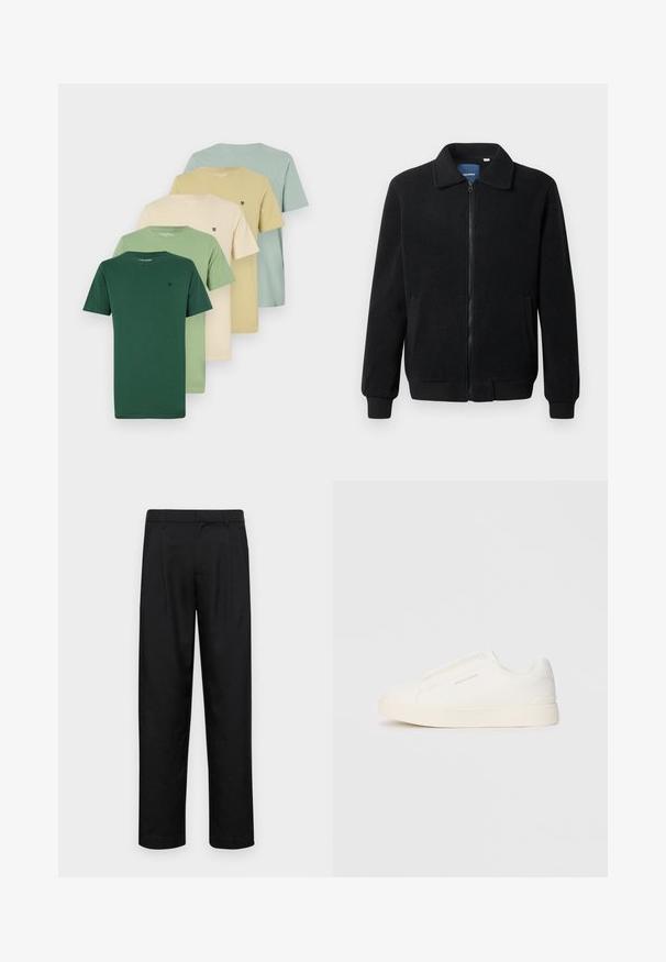 Fekete bolyhos dzseki cipzárral, állógallérral, bordázott mandzsettákkal és oldalzsebekkel, textúrált felülettel.; Öt póló, zöldtől világos bézs színárnyalatban kiállítva. Pamutból készült, kerek nyakkal és rövid ujjakkal rendelkezik. Mindegyiken egy kis logó található.; Fekete nadrág sima anyagból, egyenes szárú fazonnal, két elülső redővel és közönséges derékkal, övhurkokkal.; Fehér slip-on sportcipők texturált felülettel, vastag talppal és minimalista dizájnnal. Az oldalon a márka logója található.