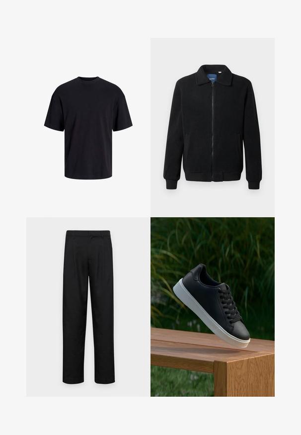 Musternahk fleece-jakk musternahaga, tõmblukk, seisev kaelus, soonikkoes varrukad ja küljetaskud tekstuurse pinnaga.; Must must on mustre, lühikeste varrukatega ja vabalt langev. Sile tekstuur ja ilma nähtavate mustrite või aktsentideta.; Mustad mustadest riietest, millel on sirge jalgade disain, kaks eesmist voltimist ja tavaline vöökoht, millel on vöökohad.; Must värvi nahast tennisekingad siledast materjalist, valge kummist tald ja kuus aukku paelte jaoks, asetatud puidust pinnale.