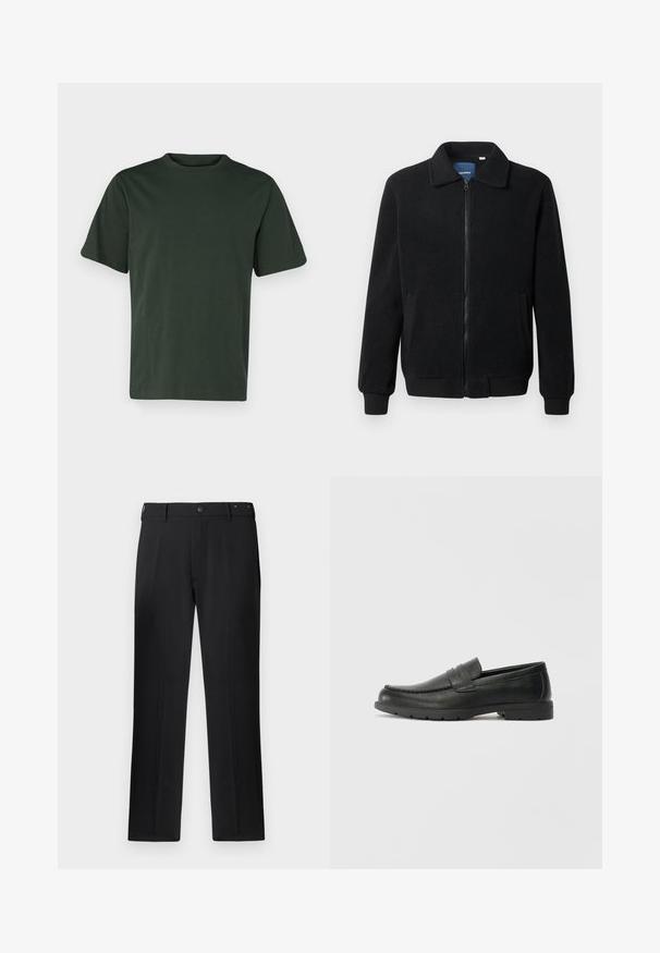 Musternahk fleece-jakk musternahaga, tõmblukk, seisev kaelus, soonikkoes varrukad ja küljetaskud tekstuurse pinnaga.; Abercrombie & Fitch CLASSIC - Lihtne T-särk - deep forest; Mustad mustriga püksid, sirge jala kujunduse, nööbi sulgemise ja vöörihmadega, sujuva tekstuuriga ning ilma nähtavate mustrite või aktsentideta.; Musthave nahkkingad siledast nahast, mokassiini stiilis ülevalt, tikanditega ja kummist tallaga. Klassikaline disain madala kontsaga.
