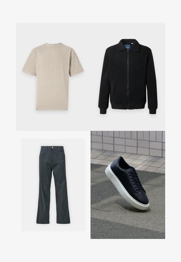 Črna flis jakna z zadrgo, stoječim ovratnikom, rebrastimi zapestji in stranskimi žepi s teksturirano površino.; Majica s kratkimi rokavi v svetlem bež odtenku, z okrog lim, narejena iz mehke tkanine, s gladko teksturo in preprostim dizajnom brez grafike.; Črne hlače s ravnim krojem, izdelane iz mešanice bombaža. Imajo kovinsko zaponko in stranske žepe. Brez vidnih vzorcev.; Črne usnjene superge z zaobljenim prstom in belim gumijastim podplat. Imajo ravne vezalke in minimalno šivanje na zgornjem delu. Teksturirani podplat za oprijem.