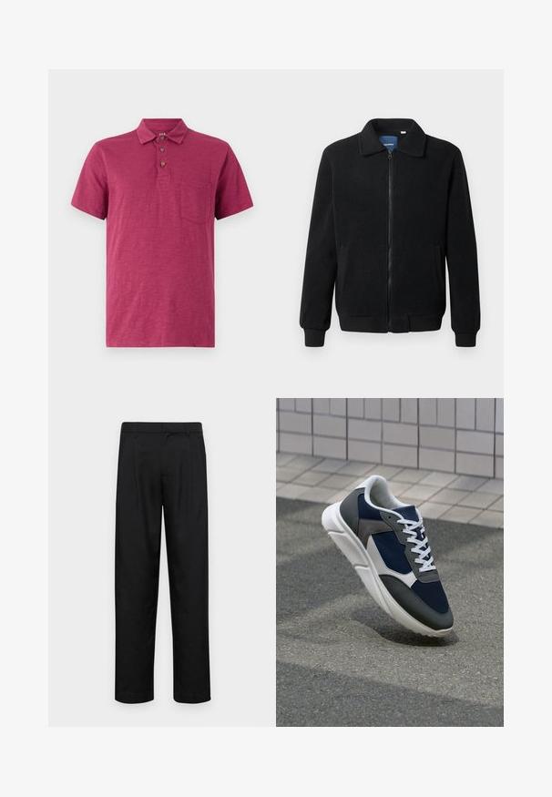 Casaco de polar preto com fecho de correr, gola alta, punhos canelados e bolsos laterais com uma superfície texturizada.; Polo de mangas curtas numa cor framboesa profunda. Feito de um tecido leve, apresenta um colarinho, uma pala com três botões e um bolso no peito.; Calças pretas feitas de tecido suave, com um design de perna reta, dois pregas frontais e uma cintura padrão com passantes para cinto.; Sapatilha com parte superior em malha azul-marinho, detalhes em camurça cinza, sola de borracha branca e atacadores brancos planos, projetada para conforto e respirabilidade.