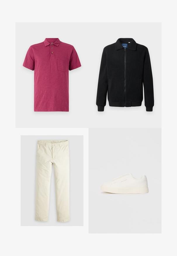 Fekete bolyhos dzseki cipzárral, állógallérral, bordázott mandzsettákkal és oldalzsebekkel, textúrált felülettel.; Rövidujjú polo póló mély málnapiros színben. Könnyű anyagból készült, gallérral, három gombos nyakkal és mellzsebbel rendelkezik.; Világos bézs, laza szabású nadrág három zsebbel, övpántokkal és egyenes szárú kialakítással. Puha pamut keverék anyagból készült.; Fehér slip-on sportcipők texturált felülettel, vastag talppal és minimalista dizájnnal. Az oldalon a márka logója található.