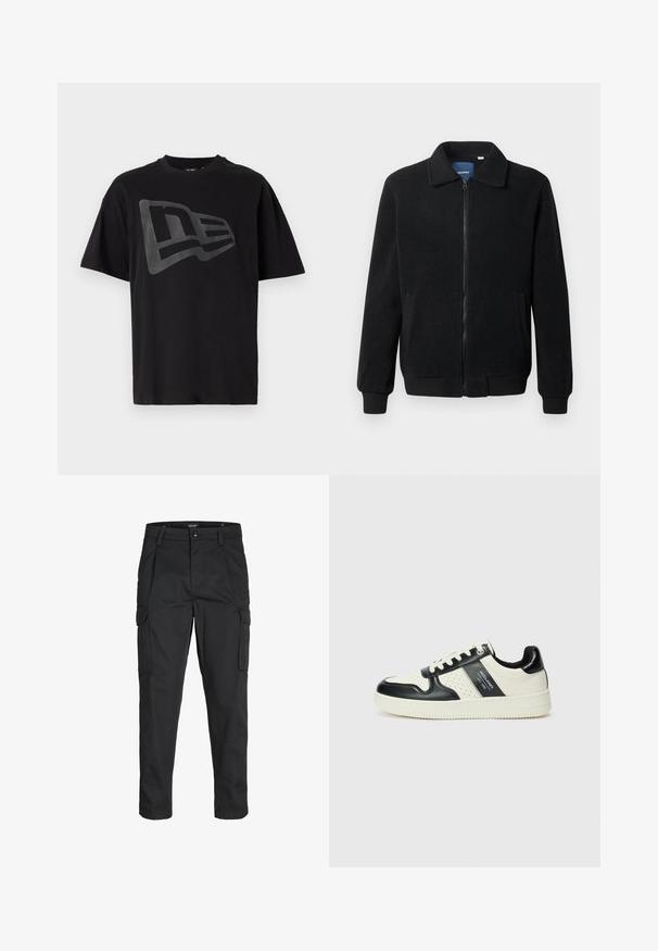 Musternahk fleece-jakk musternahaga, tõmblukk, seisev kaelus, soonikkoes varrukad ja küljetaskud tekstuurse pinnaga.; Must must have must värv must must must must must must must olema must must väljapanek must must must must. Mustad lühikesed varrukad ja lõdvestunud siluett. Sile tekstuur.; Mustad mustapõlvik, mis on valmistatud tugeva koe kasutades, sisaldab mitmeid taskuid, nupule kinnitatav sulgemine ja kitsenev disain.; Nahatud nahkkingad musta ja kreemi värviskeemiga, millel on perforeeritud aktsendid, pehme krae ja tekstureeritud tallad.