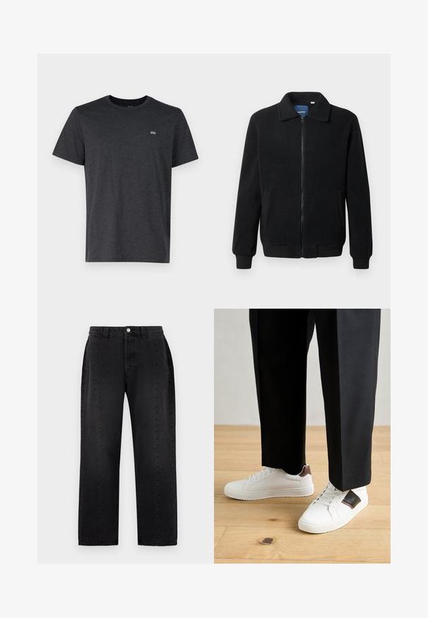 Svart fleece jakke med glidelås, høy krage, ribbestrikkede mansjetter og sidelommer med strukturert overflate.; Mørkegrå kortermet t-skjorte laget av mykt stoff, med rund hals og en liten brodert logo på venstre bryst.; Svarte denimbukser med rett ben-design. Har knappelukking, beltehemper og to sidelommer. Glatt tekstur, ingen synlige mønstre.; Hvite sneakers med glatt tekstur, med brune skinnakenter og svart detaljer, parret med svarte skreddersydde bukser. Bakgrunn med tregulv.