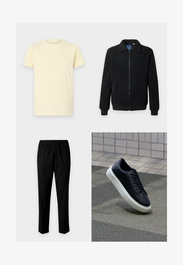 Casaco de polar preto com fecho de correr, gola alta, punhos canelados e bolsos laterais com uma superfície texturizada.; T-shirt de algodão amarelo claro com mangas curtas e decote redondo; possui um pequeno logo branco no lado superior esquerdo do peito.; Calças pretas com uma cintura elástica, apresentando um design de perna reta. O tecido parece suave com uma textura mate, sem padrões visíveis.; Sapatilha de couro preto com bico arredondado e sola de borracha branca. Apresenta atacadores planos e costuras mínimas na parte superior. Sola texturizada para melhor aderência.