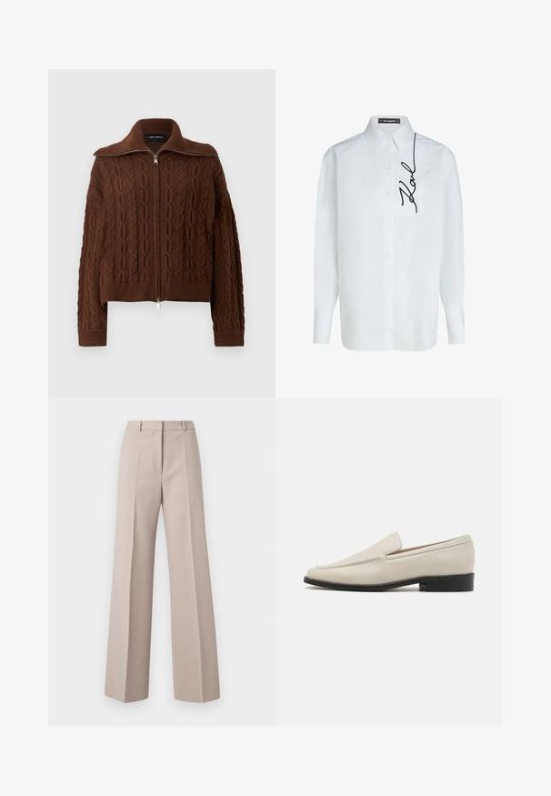 Barna kötött pulóver, kábelmintával, cipzáros záródással és széles gallérral. Rugalmas mandzsetták és derékrész a fits ízléses megjelenésért.; Fehér hosszú ujjú pamut ing, gombos elülső záródással, bal oldali zsebből és fekete "Karl" feliratozású hímzéssel a modellen.; Beige, széles lábú nadrág sima anyagból, magasan ülő derékkal, elülső redőkkel és testre szabott sziluettel.; Beige bőr slip-on loaferek elegáns kialakítással, mandula alakú orral, minimális varrással és alacsony fekete sarokkal. Simá textúra.