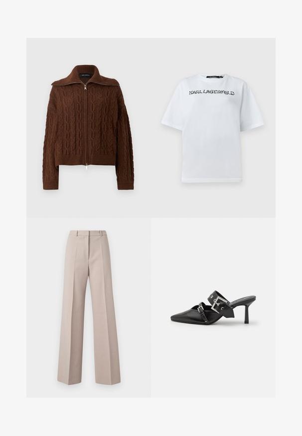 Smeđi pleteni džemper s kabel uzorkom, zatvaranjem na zip i širokim ovratnikom. Ima rebraste manžetne i rub za usklađeni izgled.; Bijela majica kratkih rukava s okruglim izrezom i crnim točkicama u tekstualnom logotipu na prsima koji glasi "KARL LAGERFELD."; Bež hlače širokih nogavica napravljene od glatkog materijala, s visokim strukom, prednjim nabora i krojem po mjeri.; Crne visoke mule s oštrim vrhom, izrađene od glatke kože. Imaju široku narukvicu oko gležnja sa srebrnom kvadratnom kopčom i nitnama.
