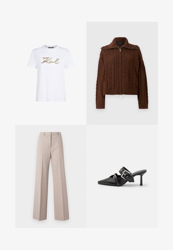 Hnedý pletený sveter s káblovým vzorom, so zipsovým zapínaním a širokým golierom. Obsahuje rebrované manžety a spodný pás pre priliehavý vzhľad.; Biely bavlnený tričko s nápisom "Karl" v zelených a ružových trblietavých písmenách. Krátke rukávy a okrúhly výstrih. Čistý, jednoduchý dizajn.; Béžové nohavice s širokými nohavicami vyrobené z hladkého materiálu, s vysokým pásom, prednými záhybmi a upraveným strihom.; Čierne vysoké podpätky mule so špicatou špičkou, vyrobené z hladkej kože. Obsahujú široký členkový remienok so štvrcovým strieborným sponom a cvokmi.