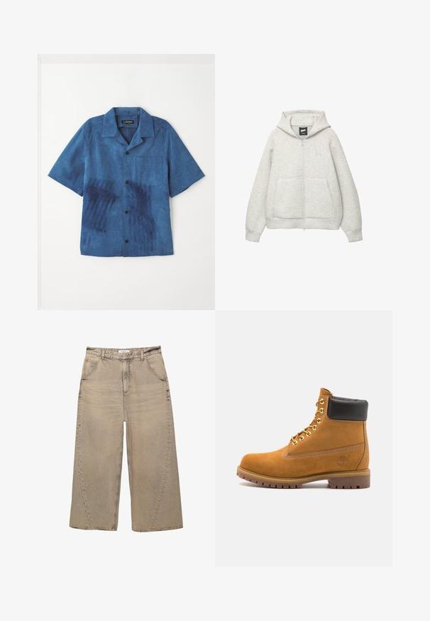 Grijze zip-up hoodie van zachte stof met een voorkantzak, een capuchon met trekkoord en een klein logo op de borst.; Blauw kortom mouwen shirt van zachte stof met een voorkant zak, zwarte knopen en een unieke textuur met donkerblauwe patronen.; PULL&BEAR MEGA BAGGY - Baggy jeans - light grey; Tan suède enkelboot met zwart gevoerd kraagje, gouden metalen oogjes, witte stikdetails en een robuuste rubberen zool met uitgesproken profiel.