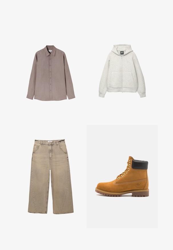 Felpa grigia con zip realizzata in tessuto morbido, dotata di tasca frontale, cappuccio regolabile con cordino e un piccolo logo nella zona del petto.; Camicia a maniche lunghe in una tonalità marrone tenue, realizzata in un tessuto testurizzato. Presenta un colletto e una chiusura frontale con bottoni grigi.; PULL&BEAR MEGA BAGGY - Jeans baggy - light grey; Stivale alla caviglia in suede tan con collare imbottito nero, occhielli in metallo dorato, dettagli in cucitura bianca e suola in gomma robusta con battistrada pronunciato.