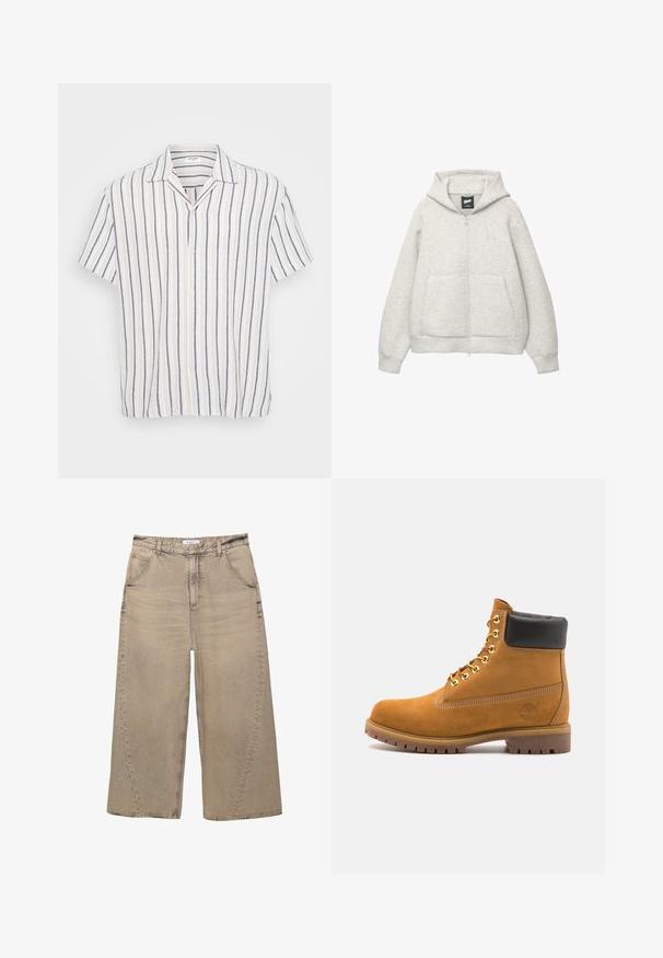 Gray zip-up hoodie made of soft fabric with a front pocket, a drawstring hood, and a small logo on the chest area.; Short-sleeve button-up shirt featuring vertical stripes in white, navy, and light beige. Made of lightweight fabric with a spread collar.; PULL&BEAR MEGA BAGGY - Baggy Jeans - light grey; Tan suede ankle boot with black padded collar, gold metal eyelets, white stitching detailing, and rugged rubber sole with pronounced treads.