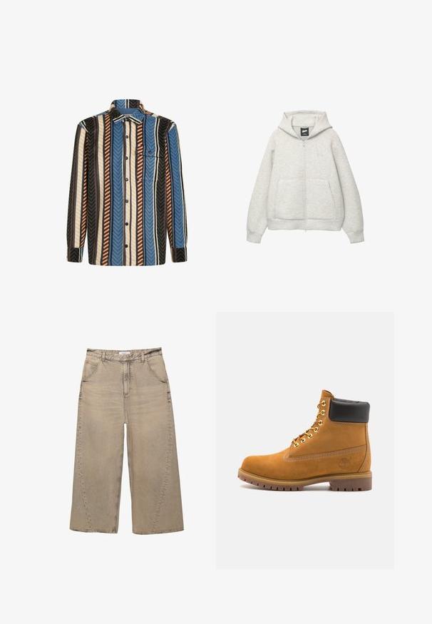 Felpa grigia con zip realizzata in tessuto morbido, dotata di tasca frontale, cappuccio regolabile con cordino e un piccolo logo nella zona del petto.; Camicia a maniche lunghe con bottoni, a righe verticali blu, marroni, bianche e nere, con taschino frontale dotato di patta con bottone.; PULL&BEAR MEGA BAGGY - Jeans baggy - light grey; Stivale alla caviglia in suede tan con collare imbottito nero, occhielli in metallo dorato, dettagli in cucitura bianca e suola in gomma robusta con battistrada pronunciato.