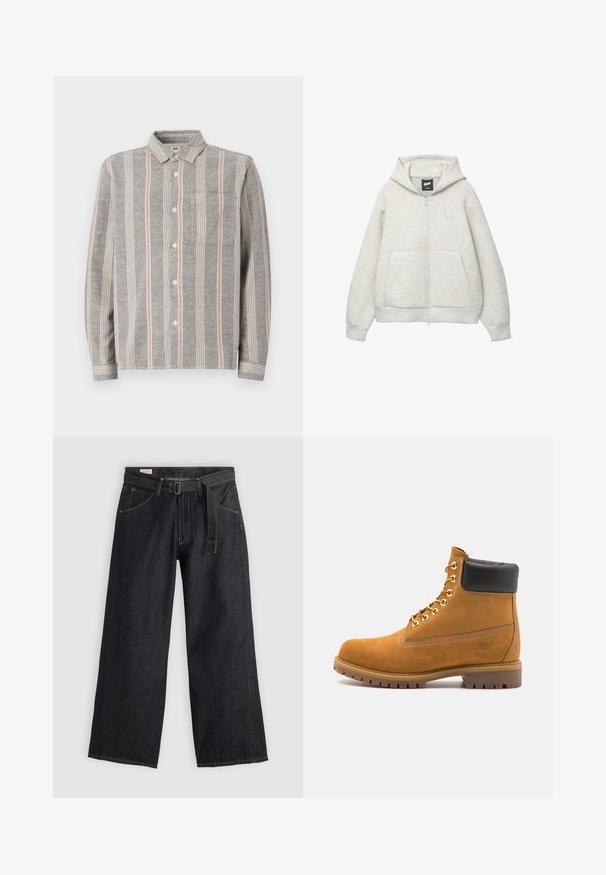 Grå zip-up hoodie lavet af blødt stof med en frontlomme, hætte med snor og et lille logo på brystområdet.; Grå langærmet skjorte med knapper og lodrette striber i lys grå og pink. Har en brystlomme og blød tekstur.; Mørk denim bukser med brede ben og bælte i taljen, som har forlommer og kontrastsytråd. Glat tekstur med et rent design.; Tan nubuck ankelstøvle med sort polstret krave, gyldne metaløjer, hvid syning detaljer og robust gummisål med udtalte slidbaner.