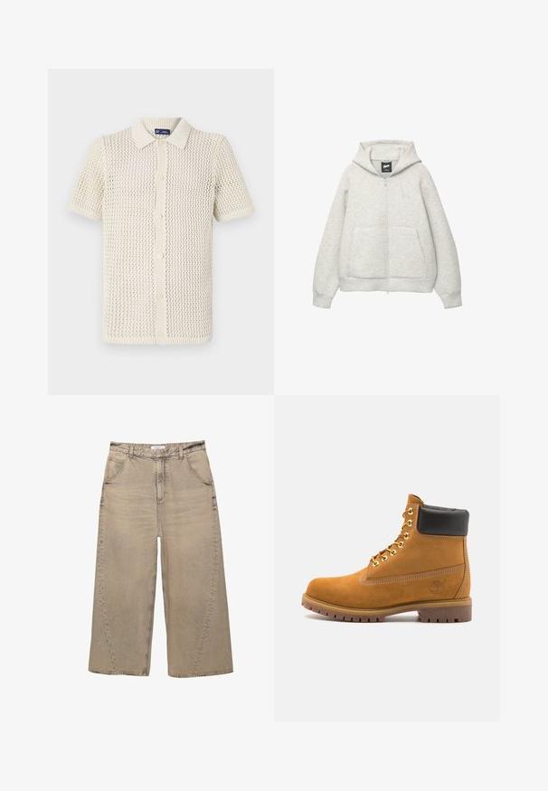 Grijze zip-up hoodie van zachte stof met een voorkantzak, een capuchon met trekkoord en een klein logo op de borst.; Korte mouwen, gebreide top met kraag in crèmekleur met een gestructureerd, open weefpatroon. Vijfknops sluiting met ribgebreide randen.; PULL&BEAR MEGA BAGGY - Baggy jeans - light grey; Tan suède enkelboot met zwart gevoerd kraagje, gouden metalen oogjes, witte stikdetails en een robuuste rubberen zool met uitgesproken profiel.