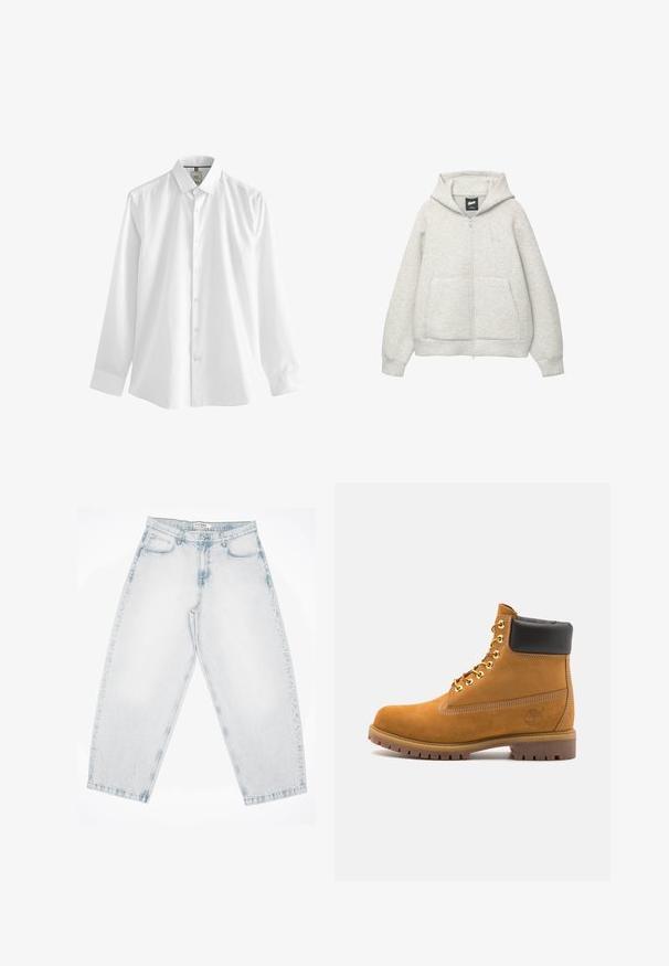 Graue Kapuzenjacke mit Reißverschluss, aus weichem Stoff, mit einer Fronttasche, einer Zugkordel an der Kapuze und einem kleinen Logo im Brustbereich.; Weißes Langarmhemd aus Baumwolle mit klassischem Kragen, Vorderknopfverschluss und geradem Saum mit Manschetten an den Handgelenken.; Helle blaue Denim-Jeans mit lockerer, baggy Passform. Verfügt über fünf Taschen, Knopfverschluss und genähte Details. Ausgewaschene Textur und gerade Beine.; Beige Wildleder-Ankle-Boot mit schwarzem gepolstertem Kragen, goldenen Metallösen, weißen Nähdetalben und einer robusten Gummisohle mit ausgeprägtem Profil.