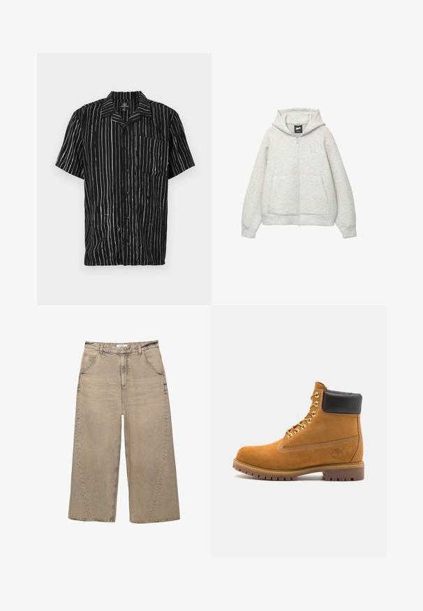 Hanorac gri cu fermoar, confectionat dintr-un material moale, cu un buzunar frontal, gluga cu șnur și un logo mic în zona pieptului.; Cămașă cu mâneci scurte din material negru, cu dungi verticale albe, un buzunar pe partea stângă a pieptului și un guler cu o croială lejeră.; PULL&BEAR MEGA BAGGY - Blugi largi - light grey; Cizmă de gleznă din întoarsă de culoare bej, cu guler negru căptușit, ochiuri din metal auriu, detalii de cusătură albă și talpă din cauciuc robustă, cu un model pronunțat.