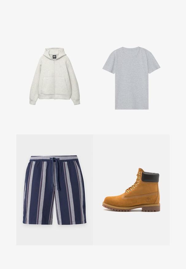 Graue Kapuzenjacke mit Reißverschluss, aus weichem Stoff, mit einer Fronttasche, einer Zugkordel an der Kapuze und einem kleinen Logo im Brustbereich.; Graues kurzärmliges T-Shirt aus weichem Baumwollmix, mit klassischem Rundhalsausschnitt und einer glatten, leichten Textur.; Marineblaue Badehose mit vertikal gestreiftem Muster in Weiß und Rot, elastischem Taillenbund und Kordelzug, aus leichtem Stoff gefertigt.; Beige Wildleder-Ankle-Boot mit schwarzem gepolstertem Kragen, goldenen Metallösen, weißen Nähdetalben und einer robusten Gummisohle mit ausgeprägtem Profil.