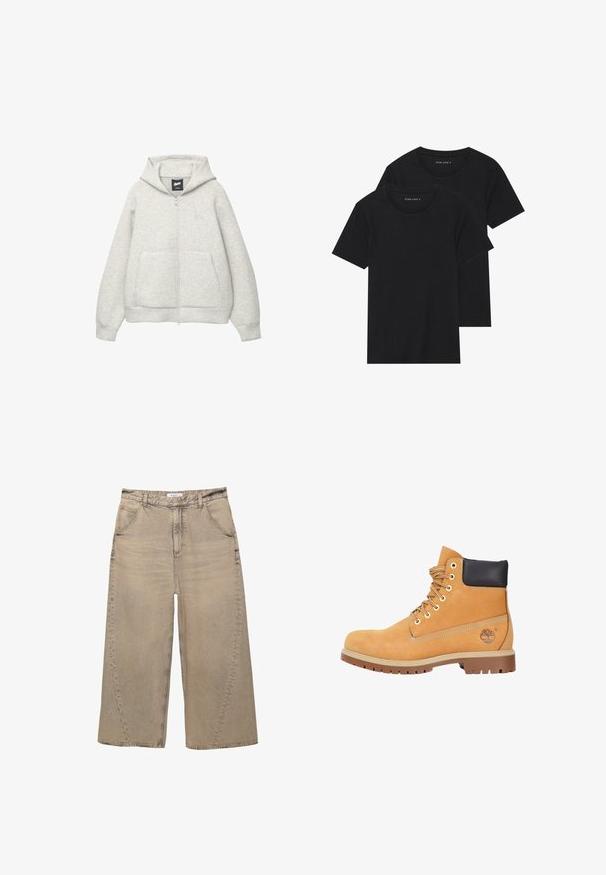 Felpa grigia con zip realizzata in tessuto morbido, dotata di tasca frontale, cappuccio regolabile con cordino e un piccolo logo nella zona del petto.; Due magliette nere di cotone a maniche corte, con scollatura rotonda e una texture liscia, esposte impilate insieme.; PULL&BEAR MEGA BAGGY - Jeans baggy - light grey; Stivale in suede color sabbia con colletto imbottito nero, occhielli in metallo e suola in gomma, caratterizzato da cuciture tono su tono e un logo sul lato.