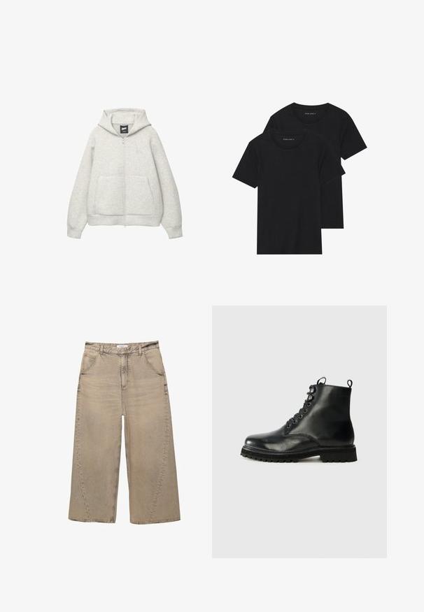 Haut à capuche zippé gris en tissu doux, avec une poche avant, un cordon de serrage à la capuche et un petit logo sur la poitrine.; Deux t-shirts en coton noirs à manches courtes, à encolure ronde et à texture lisse, présentés empilés l'un sur l'autre.; PULL&BEAR MEGA BAGGY - Jean baggy - light grey; Botte noire en cuir à la cheville avec un bout rond, lacets sur le devant et semelle en caoutchouc texturée. Présente une languette au talon et des coutures contrastantes.