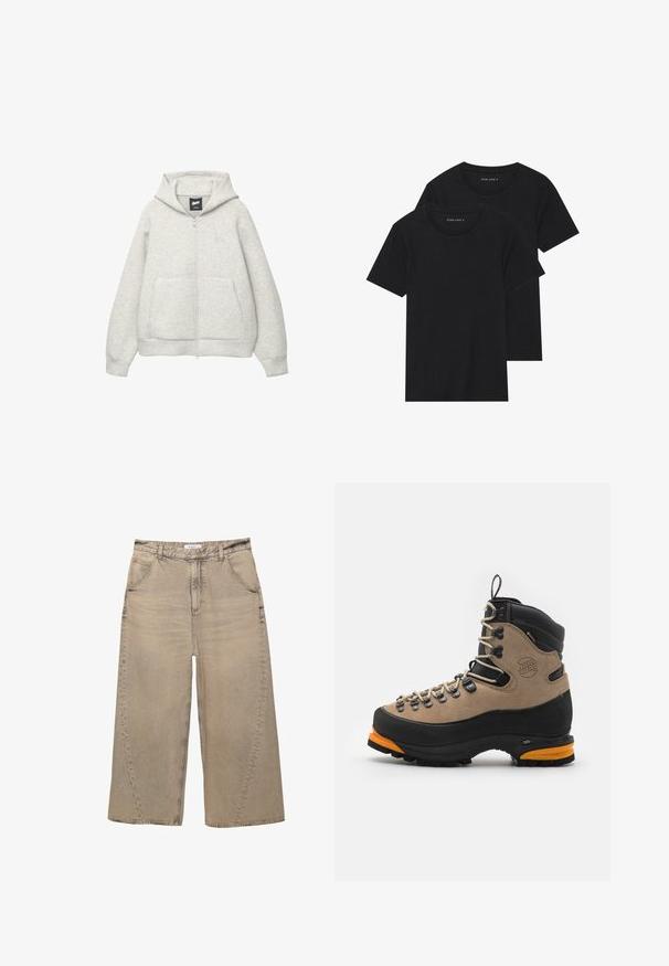 Szara bluza z kapturem na zamek, wykonana z miękkiego materiału, z przednią kieszenią, kapturem z troczkami i małym logiem na klatce piersiowej.; Dwie czarne bawełniane koszulki z krótkimi rękawami, okrągłymi dekoltami i gładką fakturą, wyeksponowane ułożone jedna na drugiej.; PULL&BEAR - Jeansy baggy; Brązowe zamszowe i czarne skórzane buty trekkingowe z pomarańczowymi akcentami, metalowymi oczkami i grubą gumową podeszwą. Posiadają wzmocniony czubek i wysokie wsparcie kostki.