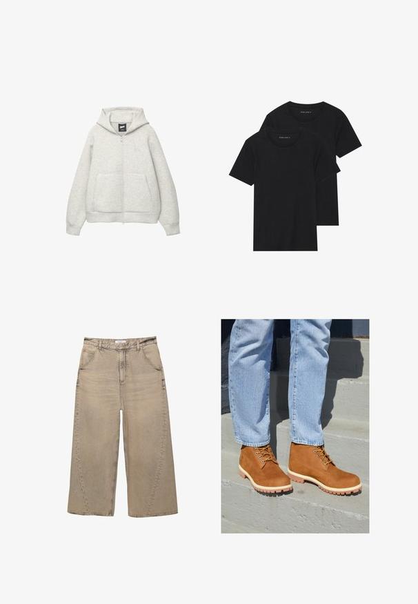 Graue Kapuzenjacke mit Reißverschluss, aus weichem Stoff, mit einer Fronttasche, einer Zugkordel an der Kapuze und einem kleinen Logo im Brustbereich.; Zwei schwarze Baumwoll-T-Shirts mit kurzen Ärmeln, runden Ausschnitten und einer glatten Textur, übereinander gestapelt.; PULL&BEAR MEGA BAGGY - Baggy Jeans - light grey; Braune Wildlederstiefeletten mit gelben Schnürsenkeln und weißen Sohlen, ausgestattet mit einem robusten Profil, getragen mit hellblauen Jeans auf einer Treppe.