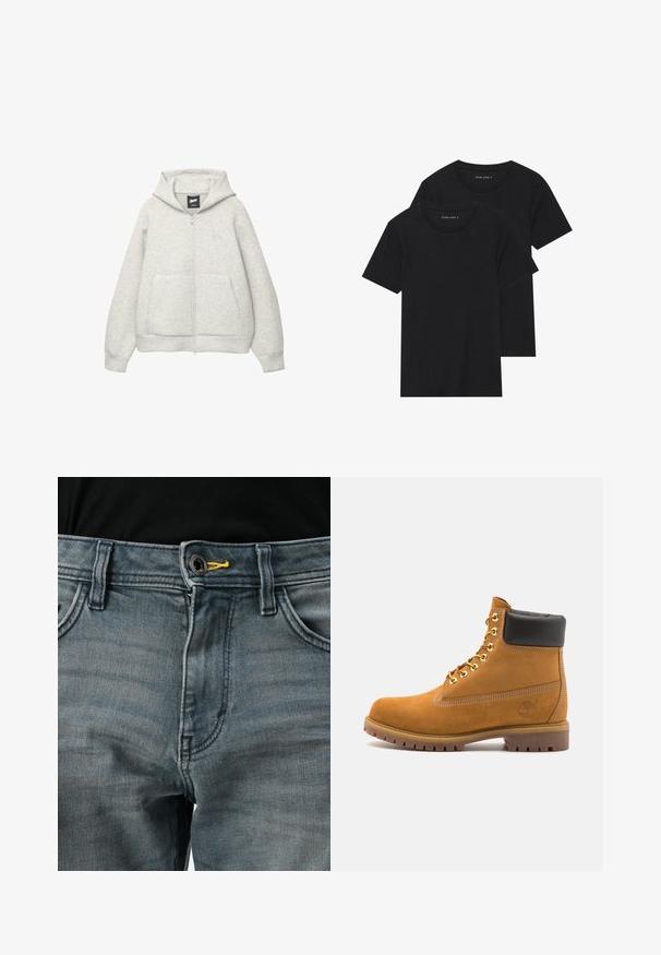 Felpa grigia con zip realizzata in tessuto morbido, dotata di tasca frontale, cappuccio regolabile con cordino e un piccolo logo nella zona del petto.; Due magliette nere di cotone a maniche corte, con scollatura rotonda e una texture liscia, esposte impilate insieme.; Jeans in denim blu sbiadito con chiusura a bottone, accento giallo in vita e design classico a cinque tasche. La texture appare morbida e consumata.; Stivale alla caviglia in suede tan con collare imbottito nero, occhielli in metallo dorato, dettagli in cucitura bianca e suola in gomma robusta con battistrada pronunciato.
