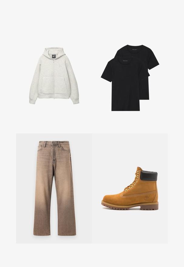 Grijze zip-up hoodie van zachte stof met een voorkantzak, een capuchon met trekkoord en een klein logo op de borst.; Twee zwarte katoenen t-shirts met korte mouwen, ronde halslijnen en een gladde textuur, gepresenteerd op elkaar gestapeld.; Wijdvallende jeans in een gradient bruine wash, met een klassieke vijf-vakken ontwerp, riemlussen en contrasterende stiksels op een gladde denim textuur.; Tan suède enkelboot met zwart gevoerd kraagje, gouden metalen oogjes, witte stikdetails en een robuuste rubberen zool met uitgesproken profiel.