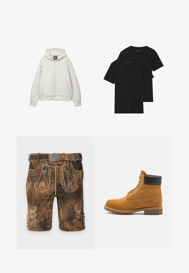 Haut à capuche zippé gris en tissu doux, avec une poche avant, un cordon de serrage à la capuche et un petit logo sur la poitrine.; Deux t-shirts en coton noirs à manches courtes, à encolure ronde et à texture lisse, présentés empilés l'un sur l'autre.; Shorts en cuir marron ornés de broderies complexes et d'une ceinture à boucle en argent. Décorés de motifs de feuilles et d'un design de cerf sur le côté.; Bottine en daim beige avec un col rembourré noir, œillets en métal doré, détails de surpiqûres blanches et semelle en caoutchouc robuste avec des crampons prononcés.