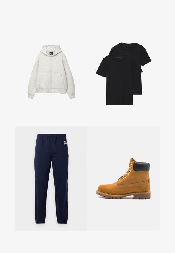 Hanorac gri cu fermoar, confectionat dintr-un material moale, cu un buzunar frontal, gluga cu șnur și un logo mic în zona pieptului.; Două tricouri negre din bumbac cu mâneci scurte, cu guler rotund și o textură netedă, expuse suprapuse.; Pantaloni de trening elastici de culoare bleumarin, cu talie elastică și manșete elastice, având un mic logo alb în partea stângă sus.; Cizmă de gleznă din întoarsă de culoare bej, cu guler negru căptușit, ochiuri din metal auriu, detalii de cusătură albă și talpă din cauciuc robustă, cu un model pronunțat.