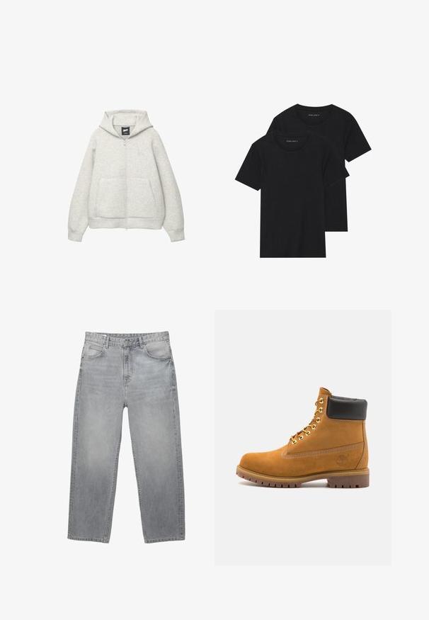 Szara bluza z kapturem na zamek, wykonana z miękkiego materiału, z przednią kieszenią, kapturem z troczkami i małym logiem na klatce piersiowej.; Dwie czarne bawełniane koszulki z krótkimi rękawami, okrągłymi dekoltami i gładką fakturą, wyeksponowane ułożone jedna na drugiej.; Jasnoszare dżinsy o prostym kroju, z pięcioma kieszeniami, z zapięciem na guzik oraz delikatnym przecieraniem dla tekstury.; Beżowe zamszowe botki sięgające kostki z czarną wyściełaną krawędzią, złotymi oczkami, białymi detalami szycia oraz wytrzymałą gumową podeszwą z wyraźnym bieżnikiem.