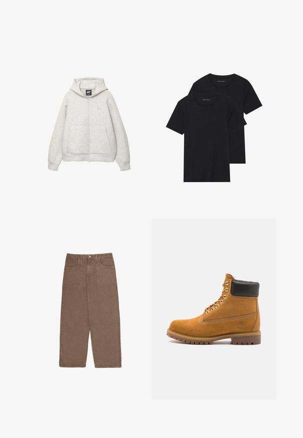Szara bluza z kapturem na zamek, wykonana z miękkiego materiału, z przednią kieszenią, kapturem z troczkami i małym logiem na klatce piersiowej.; Dwie czarne bawełniane koszulki z krótkimi rękawami, okrągłymi dekoltami i gładką fakturą, wyeksponowane ułożone jedna na drugiej.; Brązowe szerokie spodnie wykonane z bawełny, z dwoma przednimi kieszeniami i zapięciem na guzik. Materiał ma miękką strukturę i matowe wykończenie.; Beżowe zamszowe botki sięgające kostki z czarną wyściełaną krawędzią, złotymi oczkami, białymi detalami szycia oraz wytrzymałą gumową podeszwą z wyraźnym bieżnikiem.