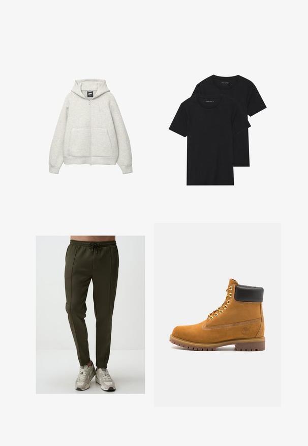 Graue Kapuzenjacke mit Reißverschluss, aus weichem Stoff, mit einer Fronttasche, einer Zugkordel an der Kapuze und einem kleinen Logo im Brustbereich.; Zwei schwarze Baumwoll-T-Shirts mit kurzen Ärmeln, runden Ausschnitten und einer glatten Textur, übereinander gestapelt.; Olivgrüne Jogginghose aus strukturiertem Stoff, mit elastischem Bund und Kordelzug, seitlichen Taschen und schmal zulaufenden Beinen.; Beige Wildleder-Ankle-Boot mit schwarzem gepolstertem Kragen, goldenen Metallösen, weißen Nähdetalben und einer robusten Gummisohle mit ausgeprägtem Profil.