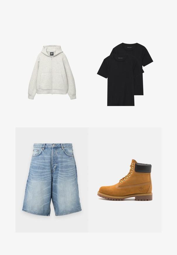 Gray zip-up hoodie made of soft fabric with a front pocket, a drawstring hood, and a small logo on the chest area.; Two black cotton t-shirts with short sleeves, round necklines, and a smooth texture, displayed stacked together.; Denim shorts in light blue with a faded wash. Features a buttoned waist, belt loops, and two front pockets.; Tan suede ankle boot with black padded collar, gold metal eyelets, white stitching detailing, and rugged rubber sole with pronounced treads.