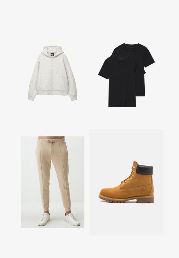 Gray zip-up hoodie made of soft fabric with a front pocket, a drawstring hood, and a small logo on the chest area.; Two black cotton t-shirts with short sleeves, round necklines, and a smooth texture, displayed stacked together.; Beige jogger pants with a drawstring waist, side pockets, and ribbed cuffs. Smooth textured fabric with vertical seam details. Worn with white sneakers.; Tan suede ankle boot with black padded collar, gold metal eyelets, white stitching detailing, and rugged rubber sole with pronounced treads.