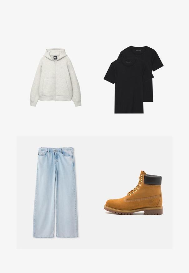 Graue Kapuzenjacke mit Reißverschluss, aus weichem Stoff, mit einer Fronttasche, einer Zugkordel an der Kapuze und einem kleinen Logo im Brustbereich.; Zwei schwarze Baumwoll-T-Shirts mit kurzen Ärmeln, runden Ausschnitten und einer glatten Textur, übereinander gestapelt.; Hellblaue weit geschnittene Jeans mit einem klassischen Fünf-Taschen-Design, einer normalen Taille und einem ungesäumten Saum. Weicher Denim-Stoff mit leichter Ausbleichung.; Beige Wildleder-Ankle-Boot mit schwarzem gepolstertem Kragen, goldenen Metallösen, weißen Nähdetalben und einer robusten Gummisohle mit ausgeprägtem Profil.