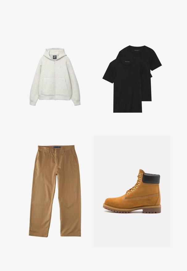 Grå zip-up hoodie lavet af blødt stof med en frontlomme, hætte med snor og et lille logo på brystområdet.; To sorte bomulds t-shirts med korte ærmer, rund halsudskæring og en glat tekstur, vist stablet sammen.; Beige bomulds chinos med lige ben-design, der har to frontlommer, en baglomme og en knaplukning. Glat tekstur.; Tan nubuck ankelstøvle med sort polstret krave, gyldne metaløjer, hvid syning detaljer og robust gummisål med udtalte slidbaner.