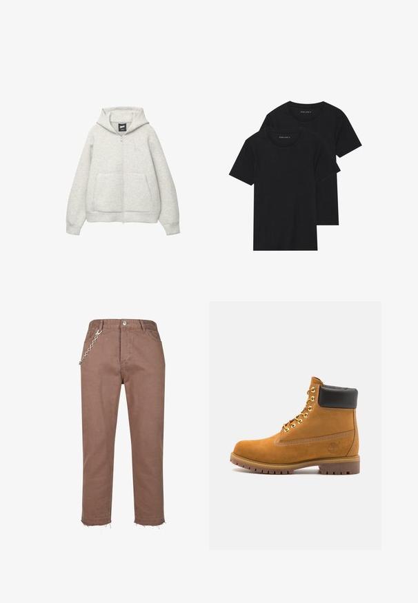 Grijze zip-up hoodie van zachte stof met een voorkantzak, een capuchon met trekkoord en een klein logo op de borst.; Twee zwarte katoenen t-shirts met korte mouwen, ronde halslijnen en een gladde textuur, gepresenteerd op elkaar gestapeld.; Bruine spijkerbroek met een recht model, voorzien van rafelige zoom en een zilveren kettingaccent dat aan de tailleband is bevestigd.; Tan suède enkelboot met zwart gevoerd kraagje, gouden metalen oogjes, witte stikdetails en een robuuste rubberen zool met uitgesproken profiel.