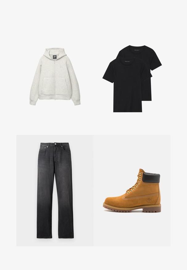 Szara bluza z kapturem na zamek, wykonana z miękkiego materiału, z przednią kieszenią, kapturem z troczkami i małym logiem na klatce piersiowej.; Dwie czarne bawełniane koszulki z krótkimi rękawami, okrągłymi dekoltami i gładką fakturą, wyeksponowane ułożone jedna na drugiej.; Czarne dżinsy o wysokim stanie i prostych nogawkach z przodem na guzik i zamek błyskawiczny, dwoma przednimi kieszeniami oraz subtelnymi przetarciami.; Beżowe zamszowe botki sięgające kostki z czarną wyściełaną krawędzią, złotymi oczkami, białymi detalami szycia oraz wytrzymałą gumową podeszwą z wyraźnym bieżnikiem.