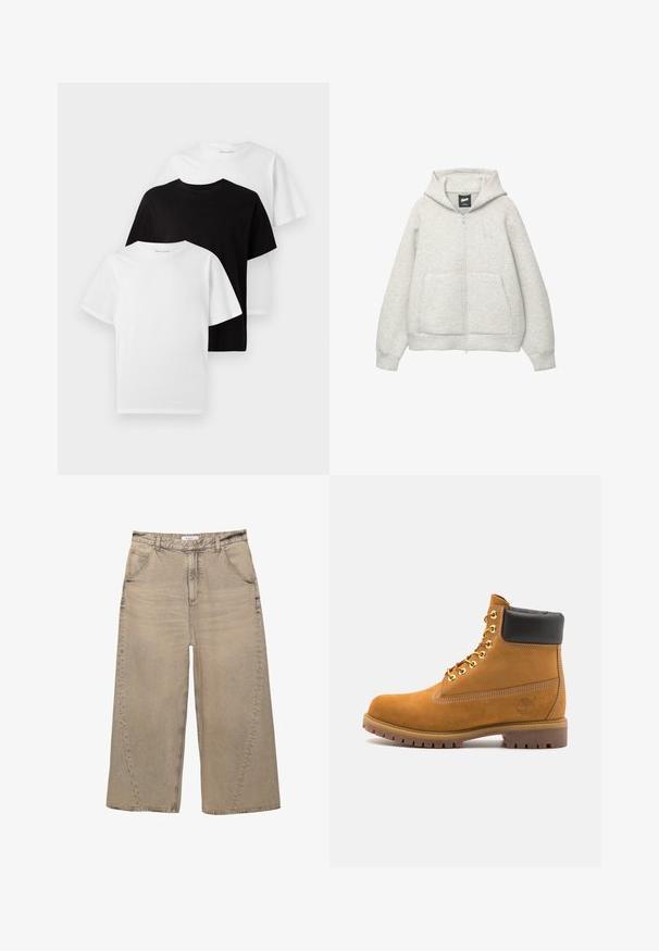 Hanorac gri cu fermoar, confectionat dintr-un material moale, cu un buzunar frontal, gluga cu șnur și un logo mic în zona pieptului.; Trei tricouri cu guler rotund: unul negru și două albe. Mâneci scurte, croi clasic, fabricate din bumbac cu o textură fină.; PULL&BEAR MEGA BAGGY - Blugi largi - light grey; Cizmă de gleznă din întoarsă de culoare bej, cu guler negru căptușit, ochiuri din metal auriu, detalii de cusătură albă și talpă din cauciuc robustă, cu un model pronunțat.