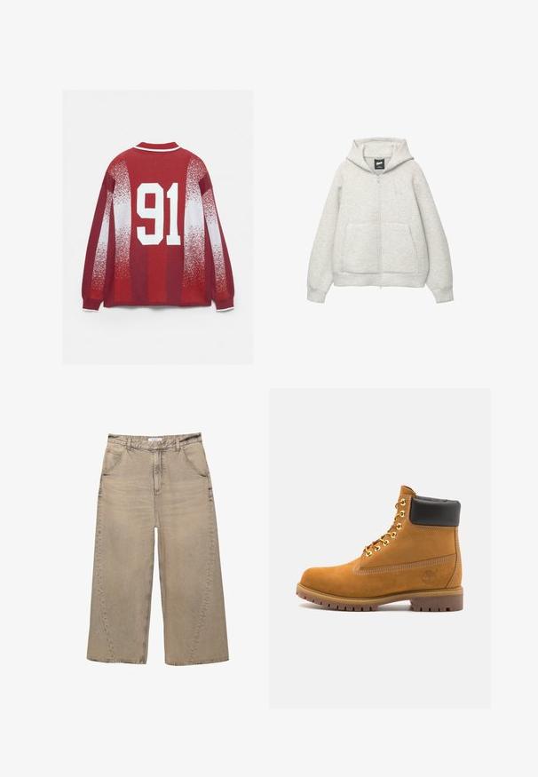 Grijze zip-up hoodie van zachte stof met een voorkantzak, een capuchon met trekkoord en een klein logo op de borst.; Rode trui met een witte gestreepte kraag, vervagende witte patronen en een grote witte '91' op de achterkant bedrukt.; PULL&BEAR MEGA BAGGY - Baggy jeans - light grey; Tan suède enkelboot met zwart gevoerd kraagje, gouden metalen oogjes, witte stikdetails en een robuuste rubberen zool met uitgesproken profiel.