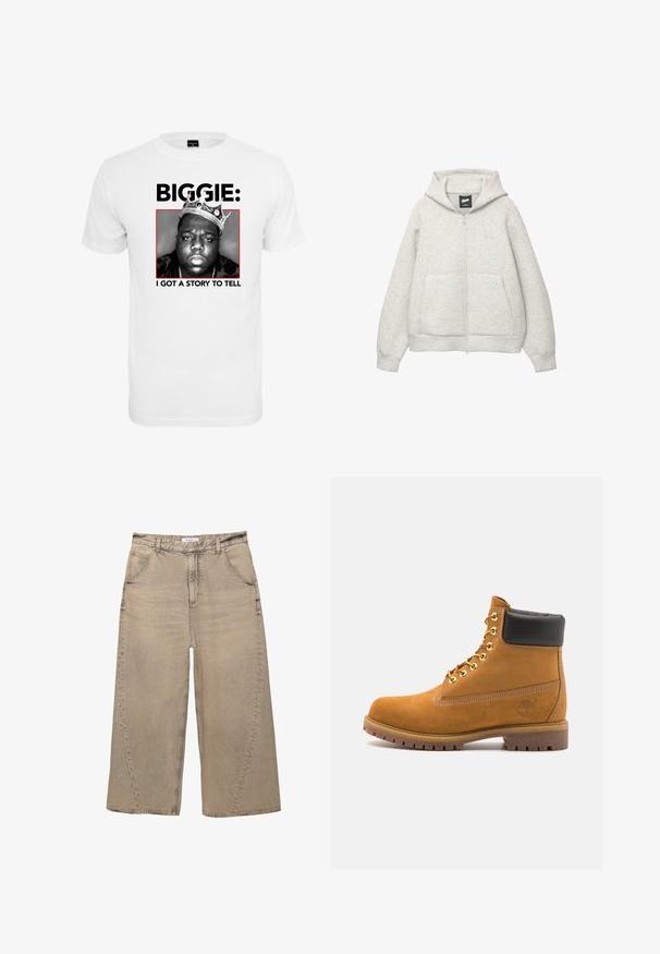 Grå zip-up huvtröja av mjukt material med en framficka, justerbar huva och en liten logga på bröstet.; Vit bomull t-shirt med en svartvit grafik av en man som bär en krona, med "BIGGIE:" och "JAG HAR EN HISTORIA ATT BERÄTTA" i fet svart text nedanför.; PULL&BEAR MEGA BAGGY - Baggy jeans - light grey; Tan mockasins ankelstövlar med svart vadderad krage, guldmetallöglor, vit sömdekor och slitstöt gummisula med utmärkta mönster.