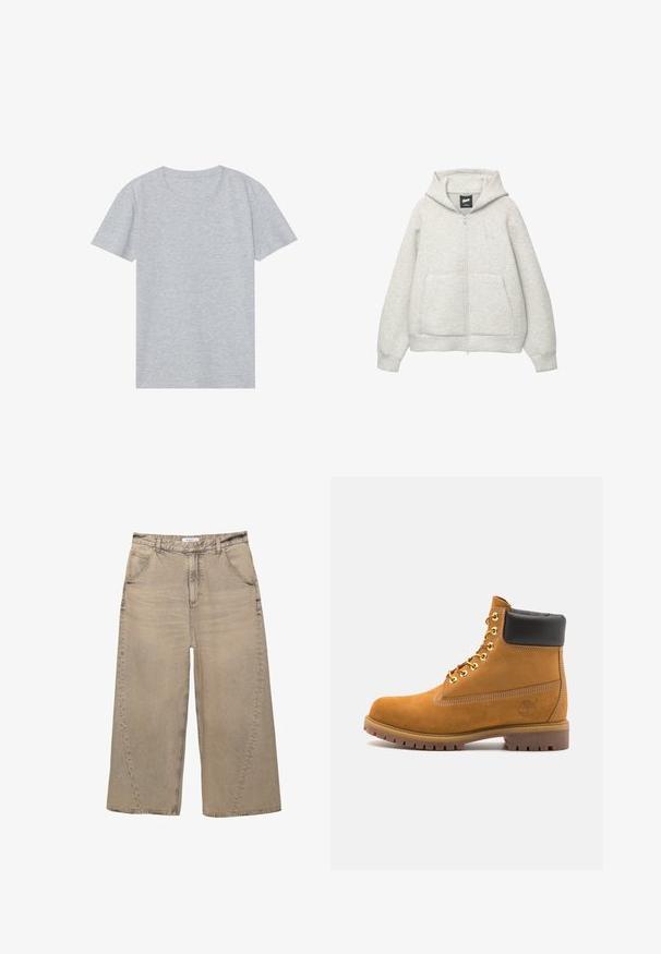 Hanorac gri cu fermoar, confectionat dintr-un material moale, cu un buzunar frontal, gluga cu șnur și un logo mic în zona pieptului.; Tricou gri cu mânecă scurtă, fabricat dintr-un amestec moale de bumbac, având o gât rotund clasic și o textură netedă, ușoară.; PULL&BEAR MEGA BAGGY - Blugi largi - light grey; Cizmă de gleznă din întoarsă de culoare bej, cu guler negru căptușit, ochiuri din metal auriu, detalii de cusătură albă și talpă din cauciuc robustă, cu un model pronunțat.