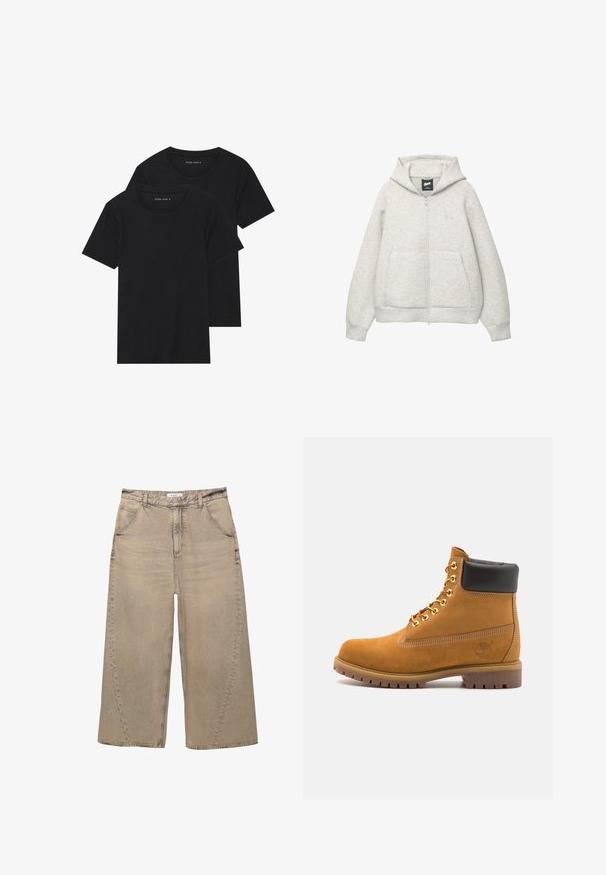Felpa grigia con zip realizzata in tessuto morbido, dotata di tasca frontale, cappuccio regolabile con cordino e un piccolo logo nella zona del petto.; Due magliette nere di cotone a maniche corte, con scollatura rotonda e una texture liscia, esposte impilate insieme.; PULL&BEAR MEGA BAGGY - Jeans baggy - light grey; Stivale alla caviglia in suede tan con collare imbottito nero, occhielli in metallo dorato, dettagli in cucitura bianca e suola in gomma robusta con battistrada pronunciato.