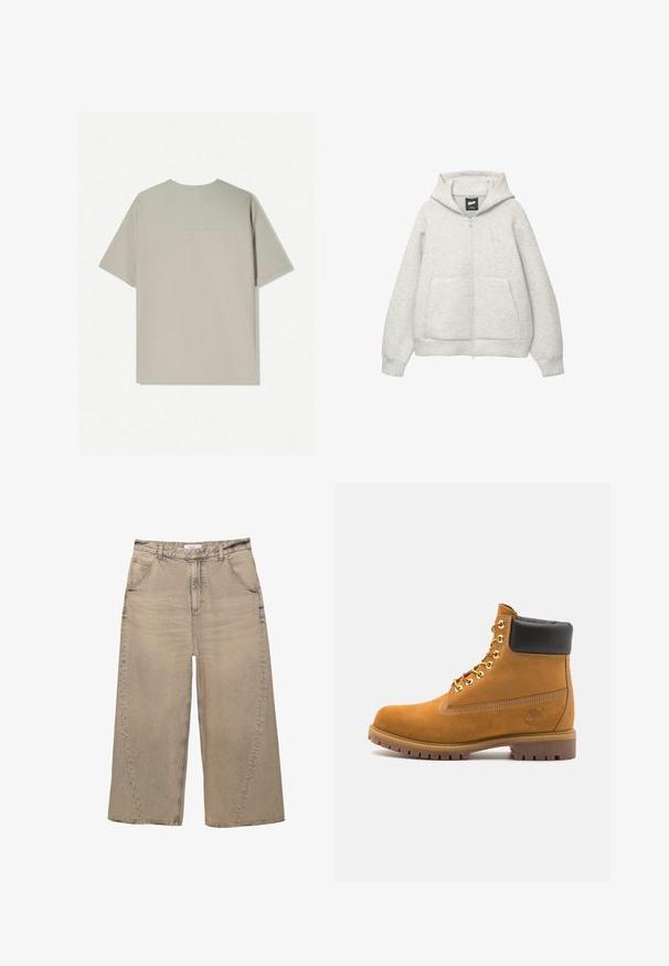 Grijze zip-up hoodie van zachte stof met een voorkantzak, een capuchon met trekkoord en een klein logo op de borst.; Beige katoenen t-shirt met korte mouwen. Heeft een eenvoudig ontwerp en een ronde halslijn. Gladde textuur met minimale stiksels op de achterkant.; PULL&BEAR MEGA BAGGY - Baggy jeans - light grey; Tan suède enkelboot met zwart gevoerd kraagje, gouden metalen oogjes, witte stikdetails en een robuuste rubberen zool met uitgesproken profiel.