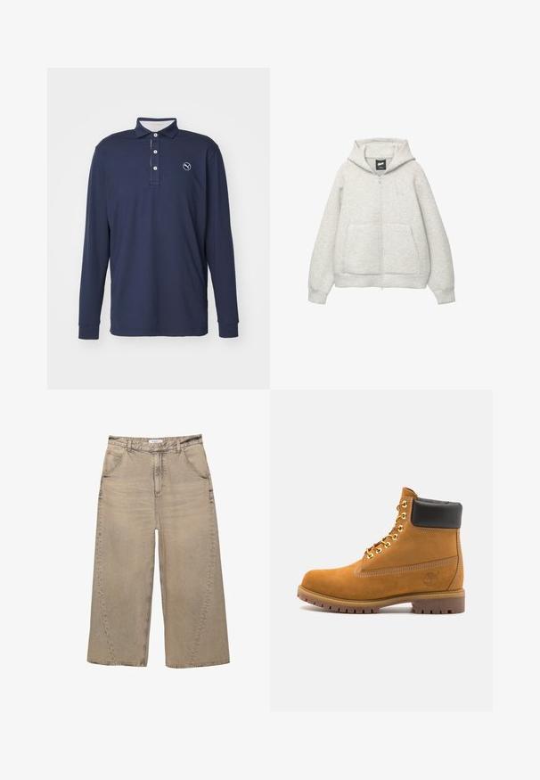 Grå zip-up hoodie lavet af blødt stof med en frontlomme, hætte med snor og et lille logo på brystområdet.; Marine langærmet polo skjorte lavet af blødt stof, med en krave-halsudskæring, tre-knaps placket og et logo på venstre bryst.; PULL&BEAR MEGA BAGGY - Baggy jeans - light grey; Tan nubuck ankelstøvle med sort polstret krave, gyldne metaløjer, hvid syning detaljer og robust gummisål med udtalte slidbaner.