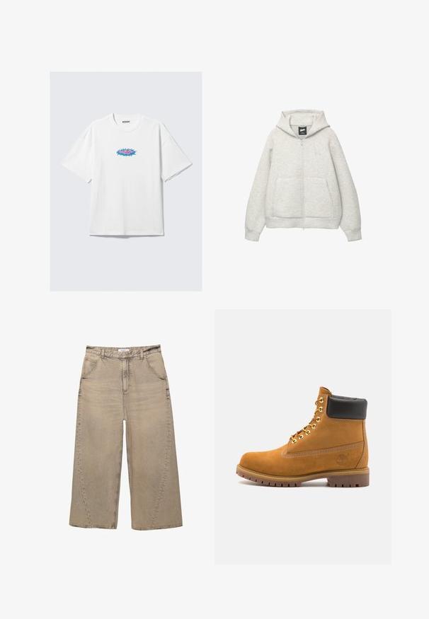 Graue Kapuzenjacke mit Reißverschluss, aus weichem Stoff, mit einer Fronttasche, einer Zugkordel an der Kapuze und einem kleinen Logo im Brustbereich.; Weißes Baumwoll-T-Shirt mit oversized Passform, das ein farbenfrohes Grafikdesign in Pink und Blau auf der Vorderseite zeigt. Runder Hals, kurze Ärmel.; PULL&BEAR MEGA BAGGY - Baggy Jeans - light grey; Beige Wildleder-Ankle-Boot mit schwarzem gepolstertem Kragen, goldenen Metallösen, weißen Nähdetalben und einer robusten Gummisohle mit ausgeprägtem Profil.