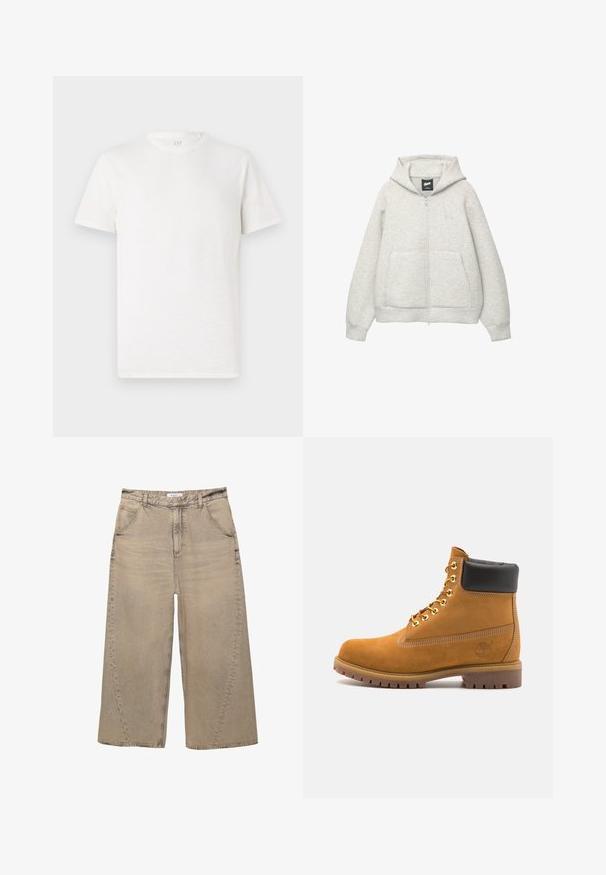 Graue Kapuzenjacke mit Reißverschluss, aus weichem Stoff, mit einer Fronttasche, einer Zugkordel an der Kapuze und einem kleinen Logo im Brustbereich.; T-Shirt mit kurzen Ärmeln und Rundhalsausschnitt in Off-White, aus einem weichen Baumwoll-Mix mit leicht strukturiertem Finish und ohne sichtbare Muster oder Akzente.; PULL&BEAR MEGA BAGGY - Baggy Jeans - light grey; Beige Wildleder-Ankle-Boot mit schwarzem gepolstertem Kragen, goldenen Metallösen, weißen Nähdetalben und einer robusten Gummisohle mit ausgeprägtem Profil.