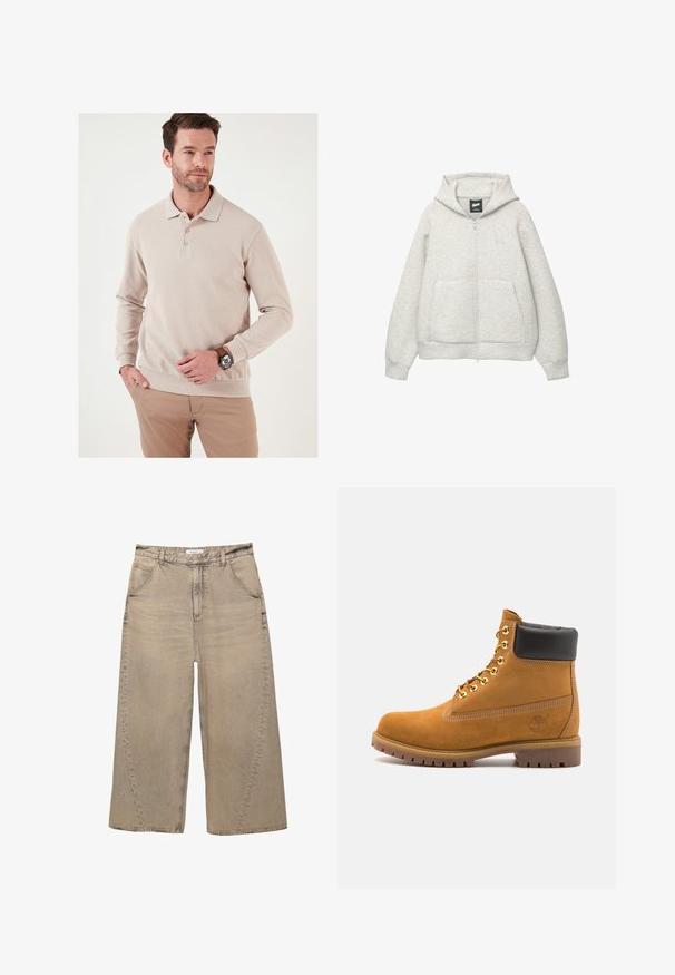 Grijze zip-up hoodie van zachte stof met een voorkantzak, een capuchon met trekkoord en een klein logo op de borst.; Beige poloshirt met lange mouwen van ribbelstof, drie knopen bij de hals en een aangesloten zoom. Draagt met lichtgekleurde broek en een horloge.; PULL&BEAR MEGA BAGGY - Baggy jeans - light grey; Tan suède enkelboot met zwart gevoerd kraagje, gouden metalen oogjes, witte stikdetails en een robuuste rubberen zool met uitgesproken profiel.